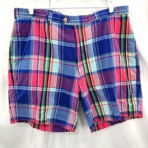 Peter Millar Flat Front Plaid Shorts Men's Size 38 Cotton Pink Blue 8.5" Inseam.